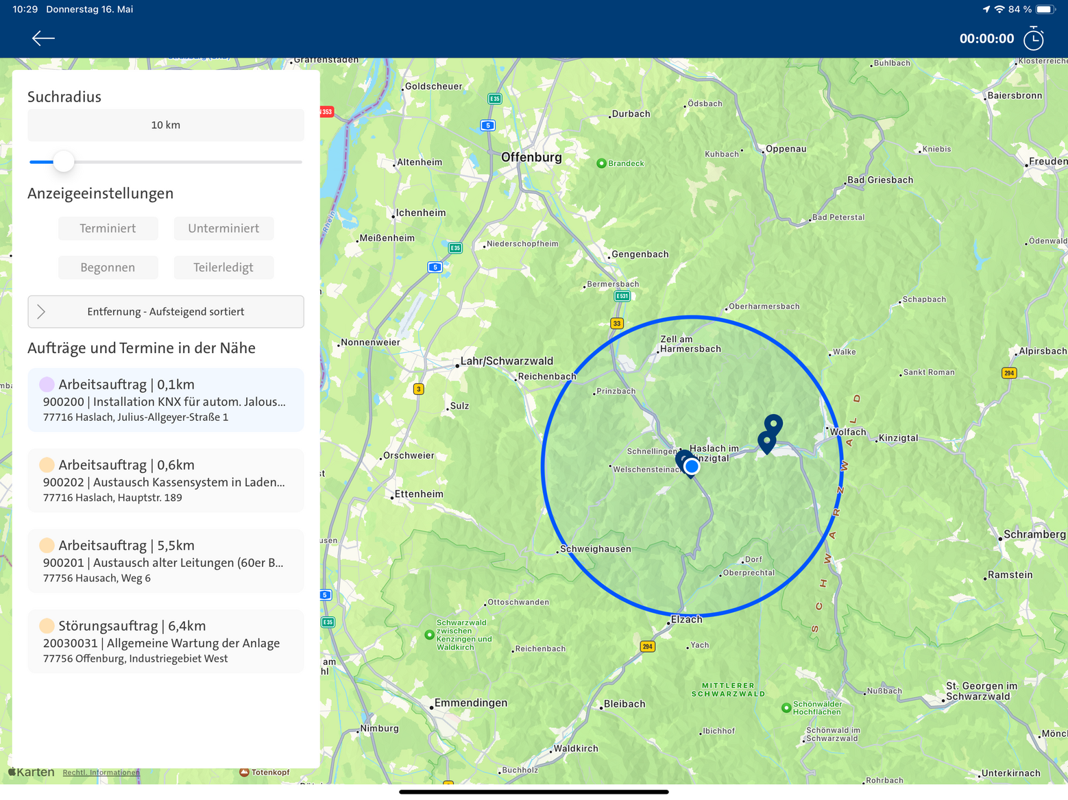 App Monteur+: Auftragseinsicht in der Landkarte 
